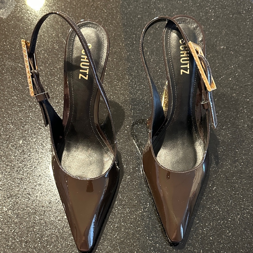 SCHUTZ Brown Patent Pointed Slingback Pumps with Gold Buckle